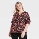 Women's Plus Size Puff Elbow Sleeve Tie-front V-neck Blouse - Ava & Viv Black Polka Dot X
