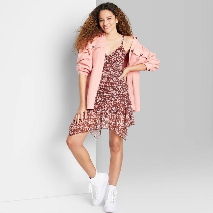 Women's Sleeveless Ruched Handkerchief Hem Dress - Wild Fable Brown Floral Xxs