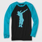 Mad Engine Boys' Fortnite Dabbing Long Sleeve Raglan Graphic T-shirt - Black/turquoise M,