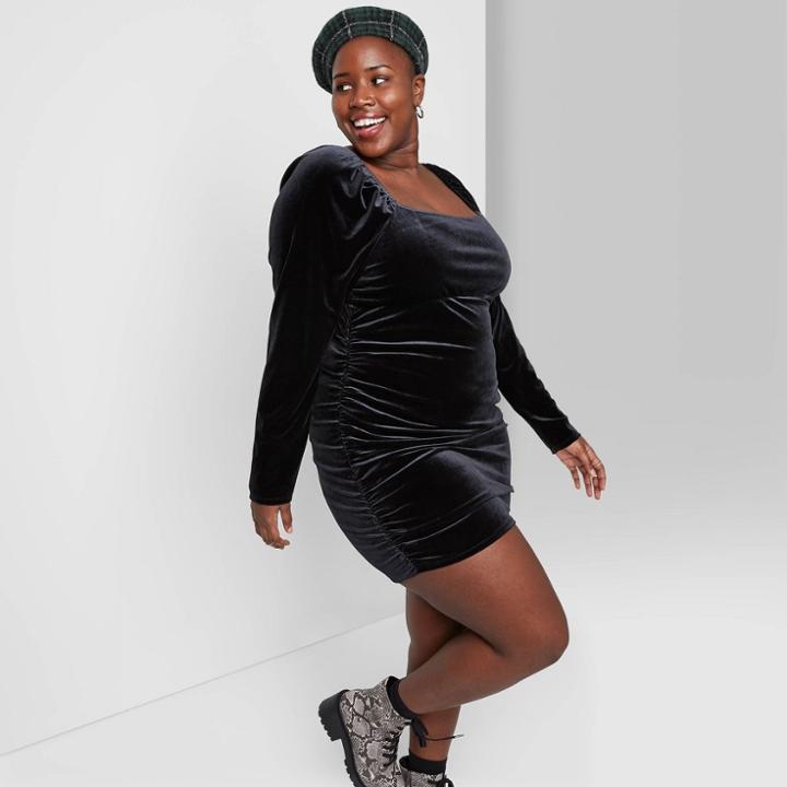 Women's Plus Size Long Sleeve Velvet Ruched Bodycon Dress - Wild Fable Black