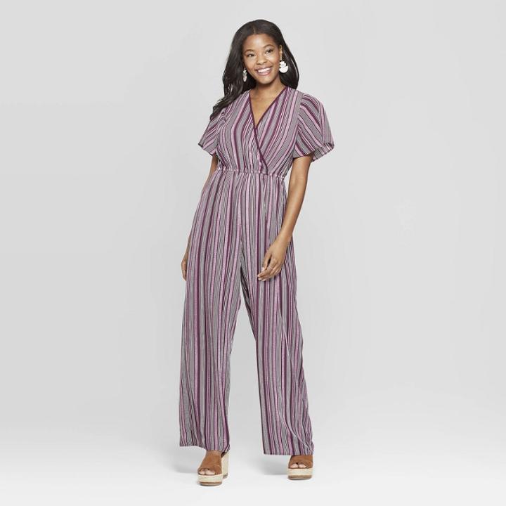 Women's Striped Short Sleeve Wrap Jumpsuit - Xhilaration Wine