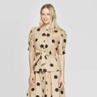 Women's Polka Dot Short Sleeve Crewneck Button Front Tie Waist Top - Who What Wear Khaki/black (green/black)