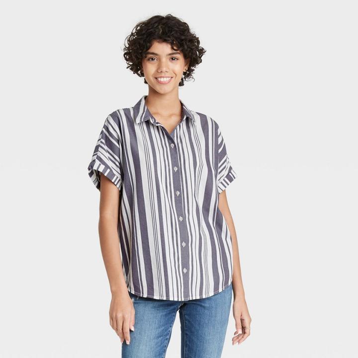 Women's Striped Dolman Short Sleeve Button-down Shirt - Universal Thread Gray