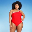Women's Plus Size One Shoulder Contrast Trim One Piece Swimsuit - Sea Angel Bright Red
