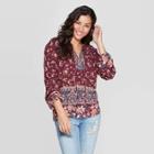 Women's Floral Print Long Sleeve V-neck Top With Lace Detail - Knox Rose Purple