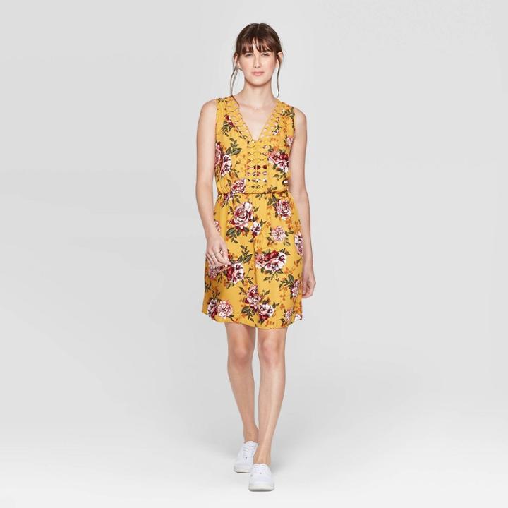 Women's Floral Print Sleeveless Lace Trim V-neck Dress - Xhilaration Mustard