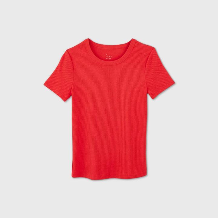 Women's Slim Fit Short Sleeve Rib T-shirt - A New Day Red