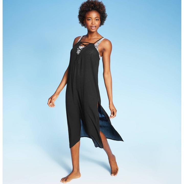 Women's Deep V Lace-up Cover Up Dress - Xhilaration Black S, Women's,