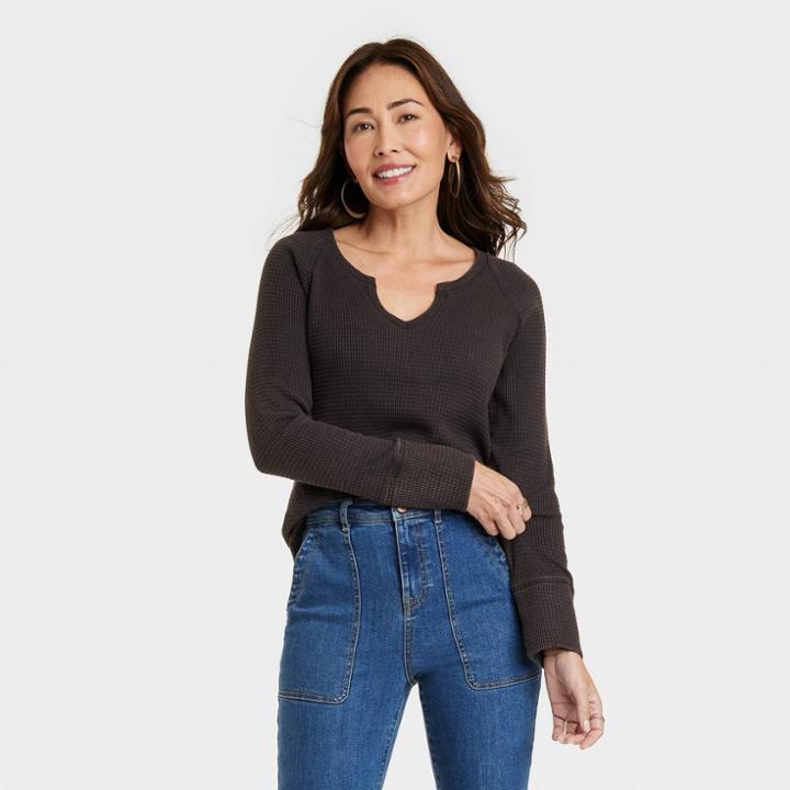 Women's Long Sleeve Notch Neck Thermal Top - Knox Rose Black