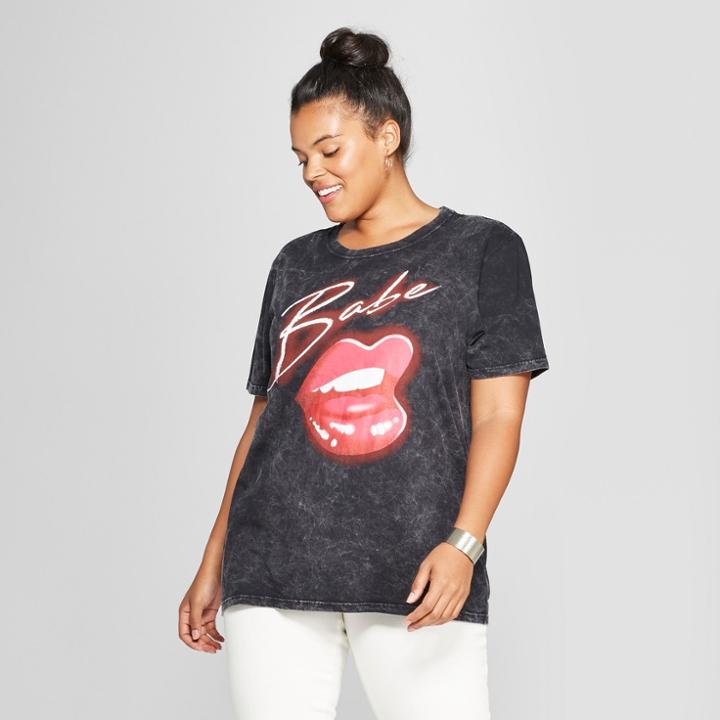 Women's Plus Size Short Sleeve Babe Acid Wash Boyfriend Graphic T-shirt - Mighty Fine (juniors') Black