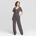 Women's Striped Short Sleeve V-neck Tie Front Cutout Jumpsuit - Xhilaration Navy Xs, Women's, Blue