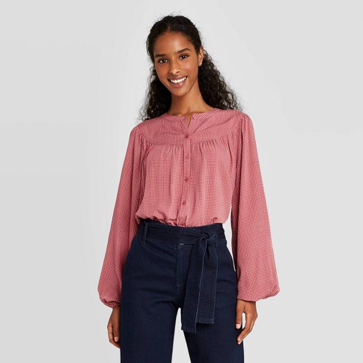 Women's Polka Dot Long Sleeve Button-front Blouse - A New Day Pink