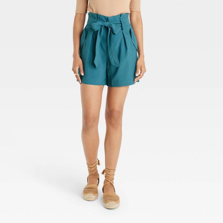 Women's High-rise Utility Paperbag Shorts - A New Day Teal Blue