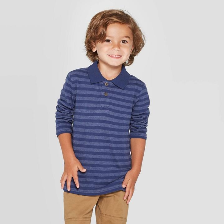 Toddler Boys' Long Sleeve Striped Jersey Polo T-shirt - Cat & Jack Navy 12m, Boy's, Blue