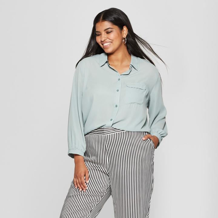 Women's Plus Size Long Sleeve Classic Blouse - Who What Wear Mint (green)