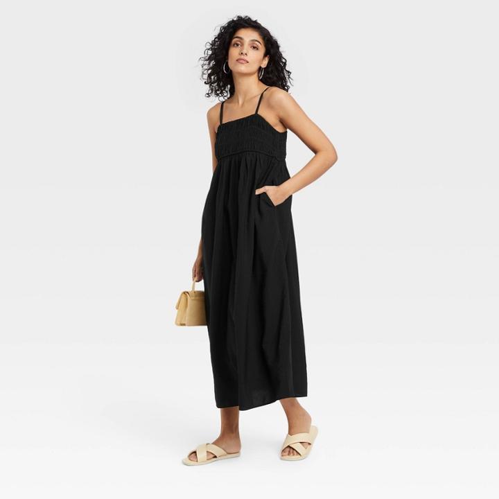 Women's Spaghetti Strap Smocked Dress - A New Day Black