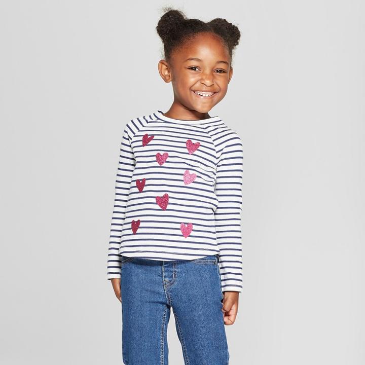 Toddler Girls' Striped Hearts Long Sleeve T-shirt - Cat & Jack Almond Cream/black