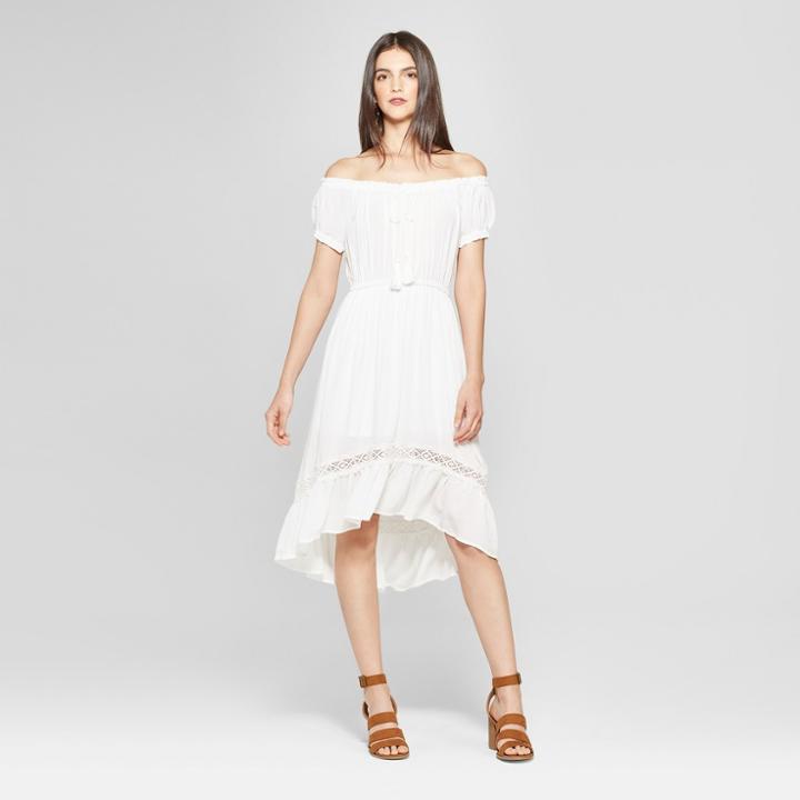 Women's Peasant Maxi Dress With Crochet Trim - Notations - White