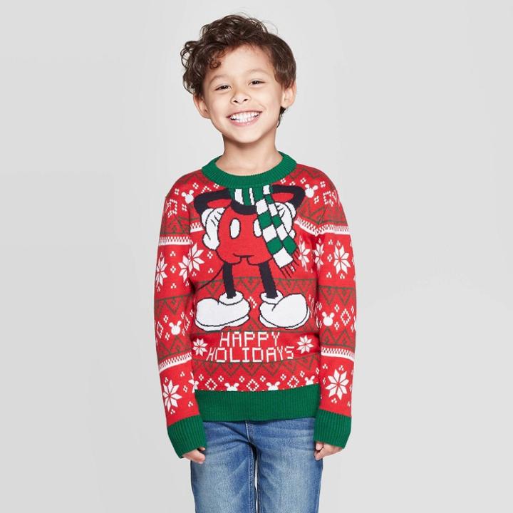 Toddler Boys' Disney Mickey Mouse Happy Holidays Ugly Sweater - Red 3t, Boy's, Red Green