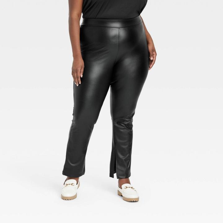 Women's Plus Size High-waisted Split Hem Faux Leather Leggings - A New Day Black