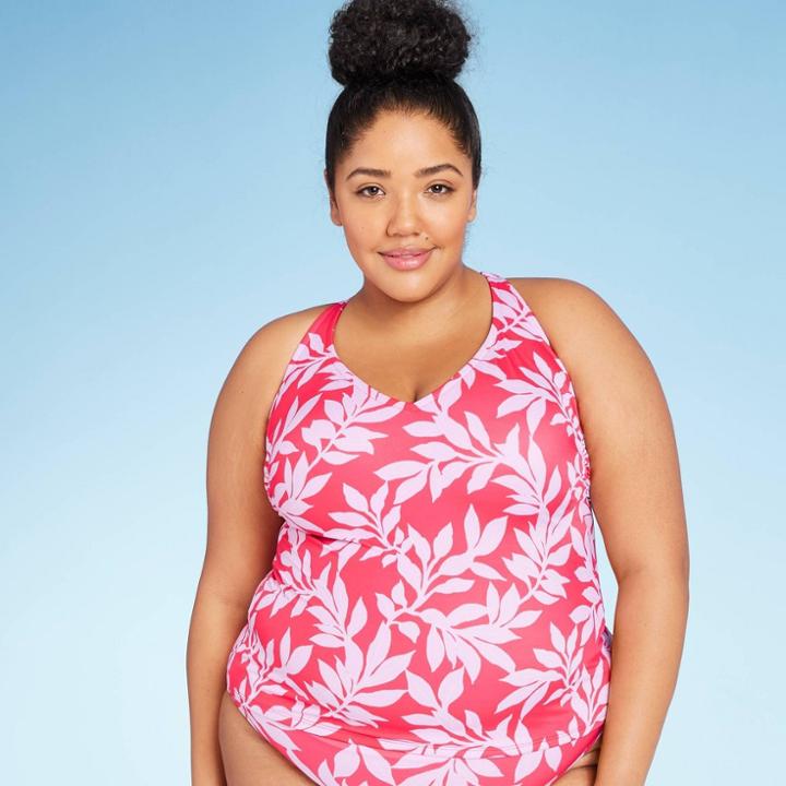 Women's Plus Size V-neck Tankini Top - All In Motion Red Floral