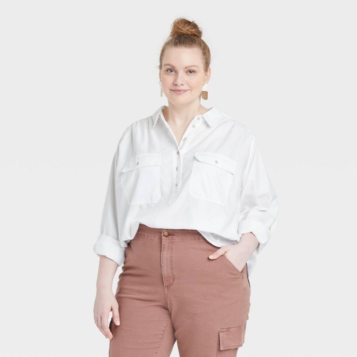 Women's Plus Size Long Sleeve Button-down Shirt - Universal Thread White