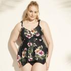 Women's Plus Tie Shoulder Tankini Top - Kona Sol Black Tropical Print