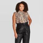 Women's Plus Size Animal Print Sleeveless Cowl Neck Ruffle Detailed Blouse - Who What Wear Brown