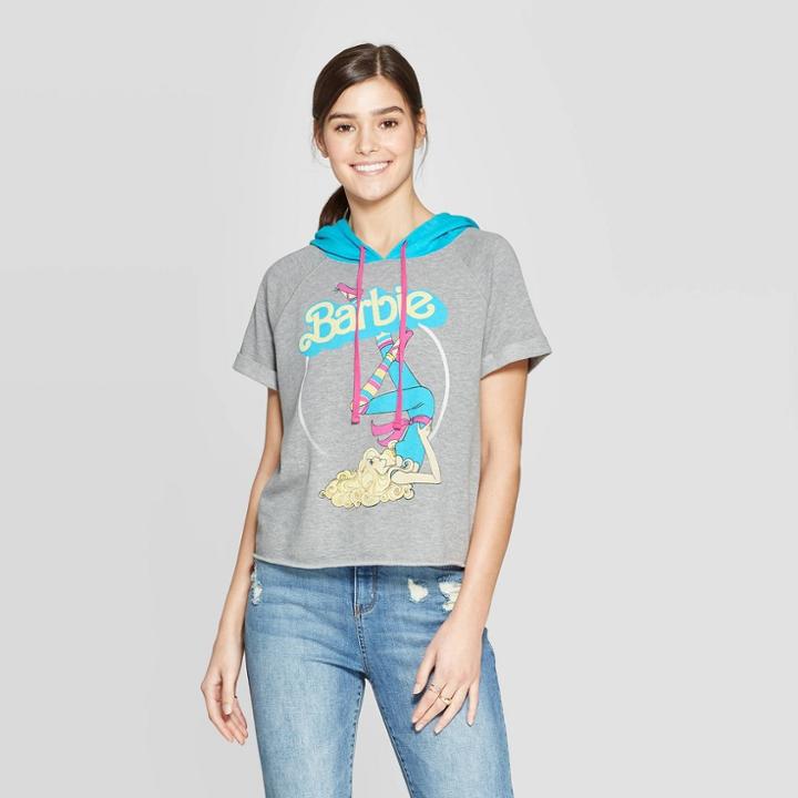 Target Women's Barbie Short Sleeve Cropped Hoodie (juniors') - Gray/teal