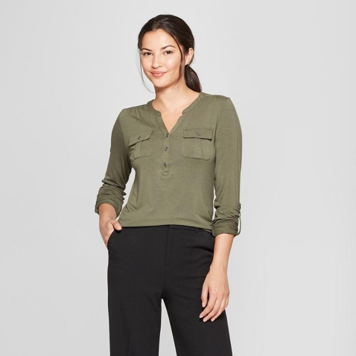 Women's Long Sleeve Utility Top - A New Day Olive (green)