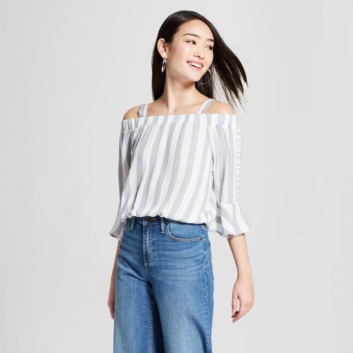 Women's Striped 3/4 Sleeve Off The Shoulder Pearl Trim Top - Almost Famous (juniors') Blue