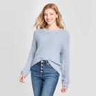 Women's Scoop Neck Pullover Sweater With Pointelle Sleeve Detail - Knox Rose Blue