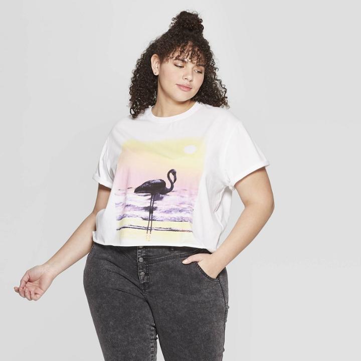 Women's Plus Size Short Sleeve California Flamingo Cropped T-shirt - Grayson Threads (juniors') White