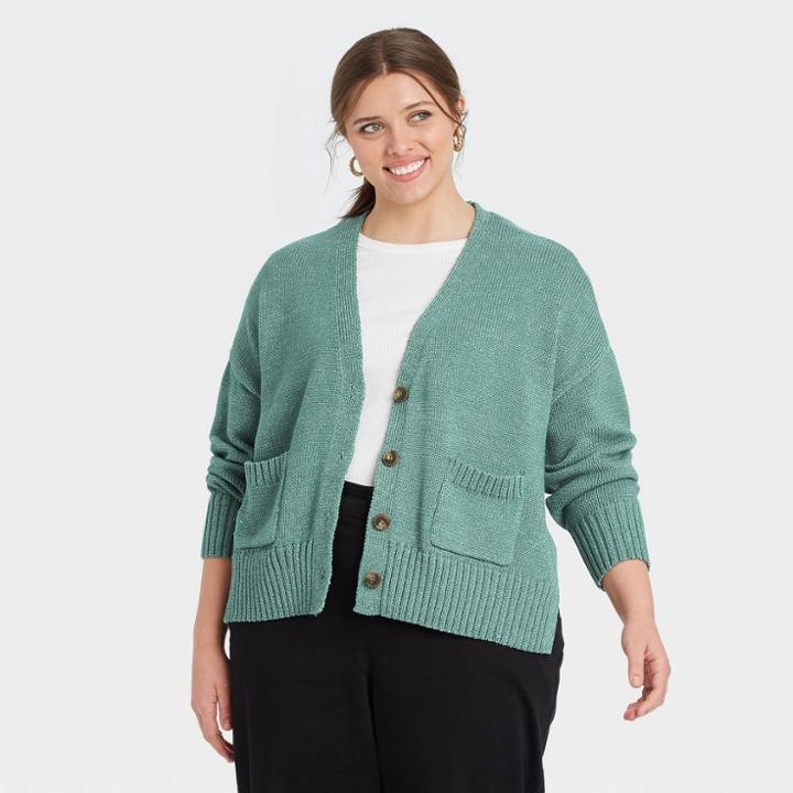 Women's Plus Size Button-front Cardigans - A New Day Teal