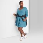 Women's Plus Size Long Sleeve Brushed Rib-knit Tiered Dress - Wild Fable Turquoise