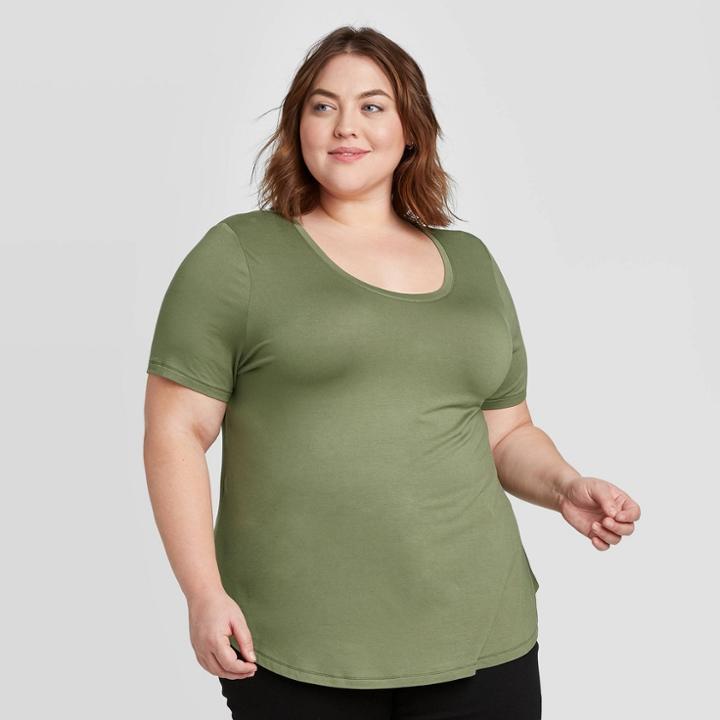 Women's Plus Size Short Sleeve Scoop Neck Relaxed T-shirt - Ava & Viv Olive 1x, Women's, Size: