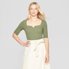 Women's Elbow Sleeve Boat Neck Knotched Rib Top - Who What Wear Green