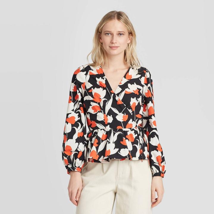 Women's Floral Print Long Sleeve Wrapped Peplum Top - Who What Wear Red