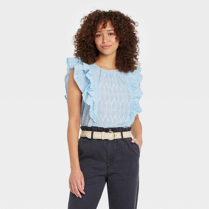 Women's Flounce Sleeveless Embroidered Ruffle Blouse - Universal Thread Blue