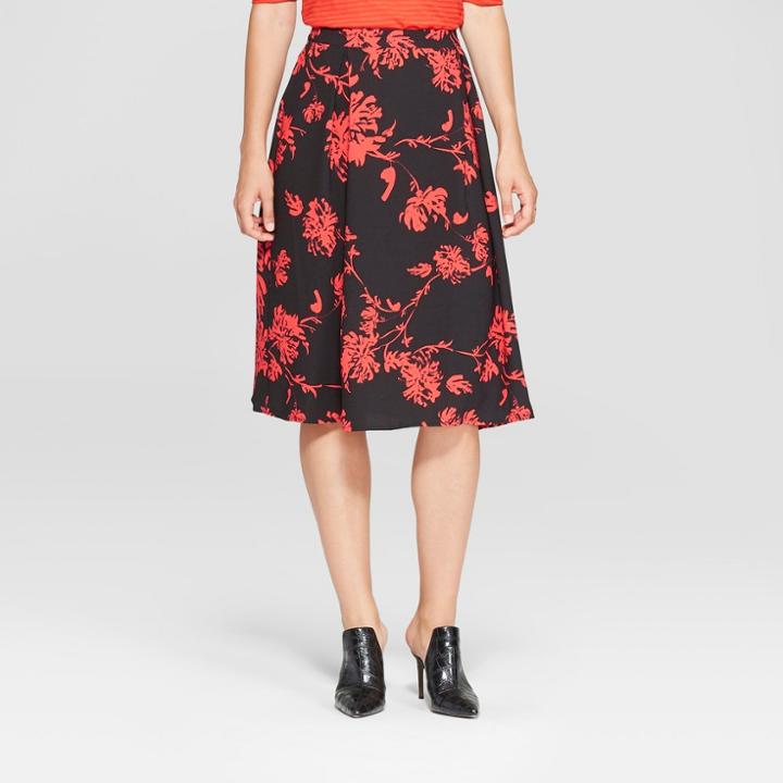Women's Floral Print Birdcage Midi Skirt - Who What Wear Black/red 16, Black/red Floral