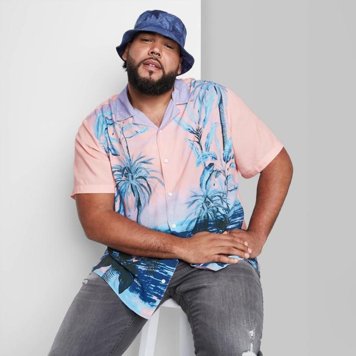 Adult Extended Size Printed Casual Fit Short Sleeve Button-down Shirt - Original Use Coral Berry/tree 3xl, Pink Pink/tree