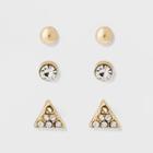 Ball, Stone And Triangle Earring Set 3ct - A New Day Gold/clear, Women's, Size: Small, Gold Clear
