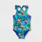 Toddler Girls' Flamingo Ruffle Sleeve One Piece Swimsuit - Cat & Jack Blue