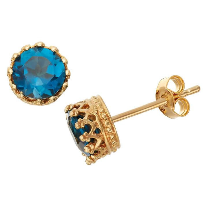 Tiara 6mm Round-cut London Blue Topaz Crown Earrings In Gold Over Silver, Girl's, London Blue Topaz/yellow