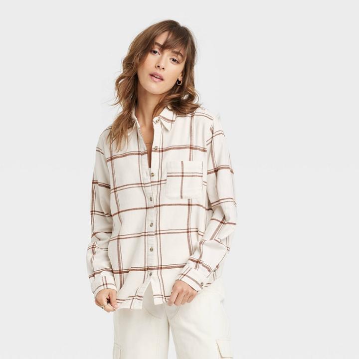 Women's Relaxed Fit Long Sleeve Flannel Button-down Shirt - Universal Thread Cream Plaid Xs, Ivory Plaid
