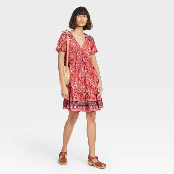 Women's Floral Print Short Sleeve Shift Dress - Knox Rose Coral