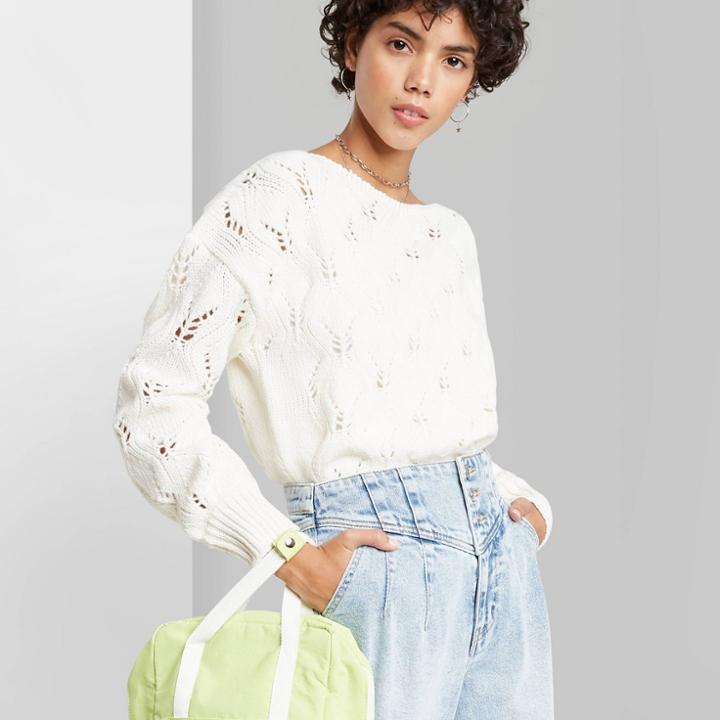 Women's Boat Neck Pointelle Knit Pullover Sweater - Wild Fable Cream