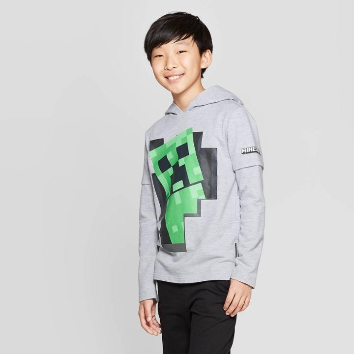 Boys' Minecraft Creeper Backer Hooded Short Sleeve T-shirt With Hangdown - Heather Gray
