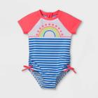 Toddler Girls' Rainbow Striped Short Sleeve One Piece Rash Guard Swimsuit - Cat & Jack 2t, Blue/pink/white
