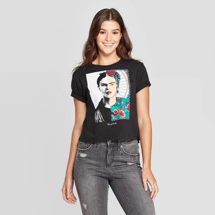Iml Petitewomen's Frida Kahlo Short Sleeve Cropped T-shirt (juniors') - Black